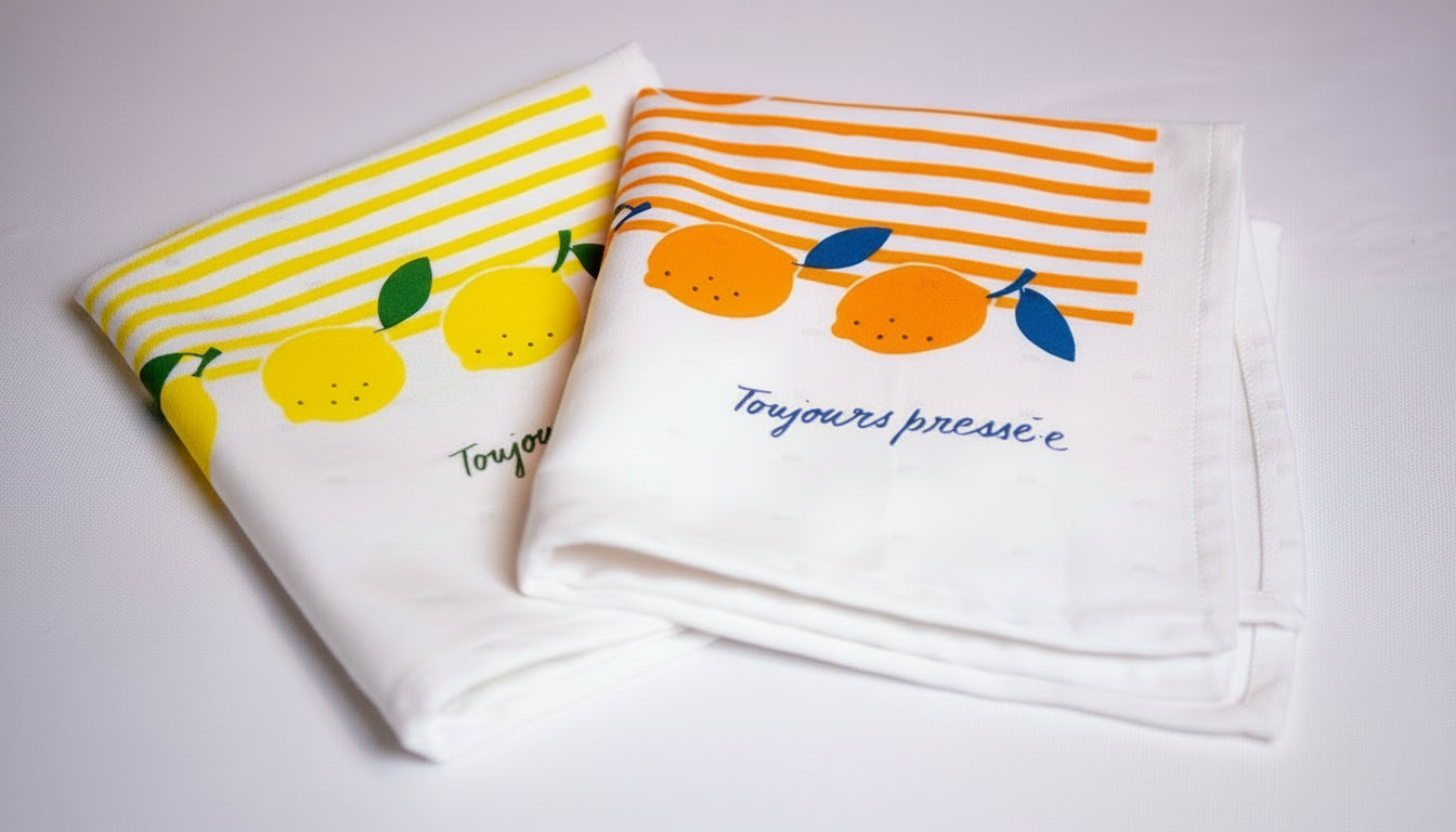 2 serviettes de table "Citron pressé" jaune et orange avec motif citrons et rayures, inscription "Toujours pressé·e" - La Serviette de Table