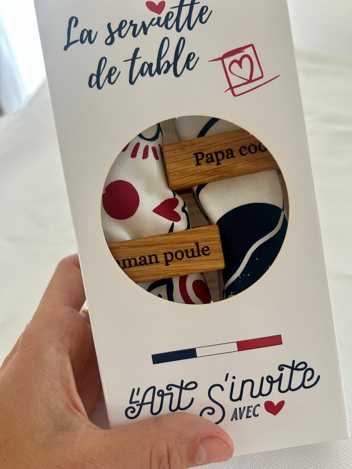 Box Cadeau "Maman Poule & Papa Cool" – Serviettes Jana & Ronds de serviette | La Serviette de Table