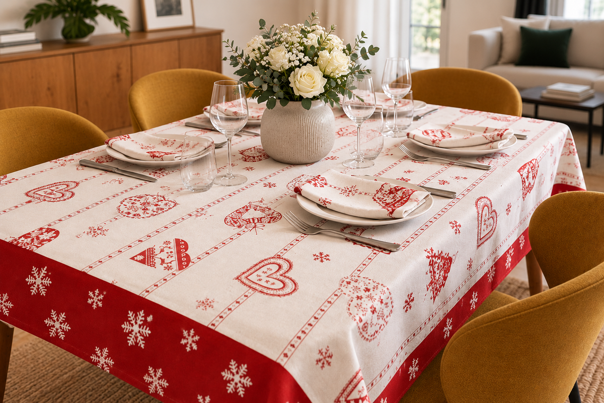 Nappe de Noel à coeurs rouge et blanche